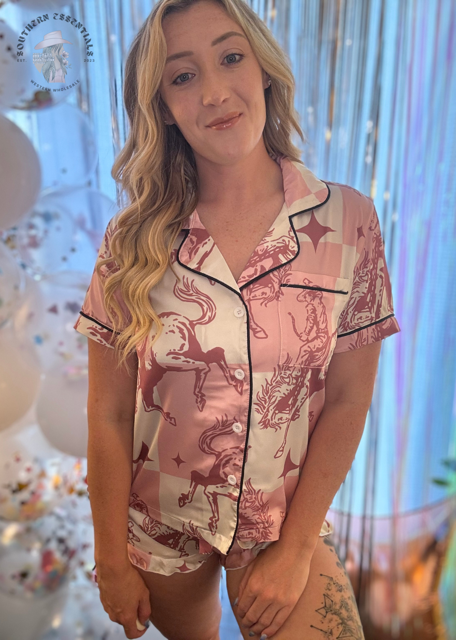 Southern Essentials by Ashley LLC - Wholesale Sleepwear Set - Women's - Pink Checkered Bronc Rider Silky Short Pajama Set17