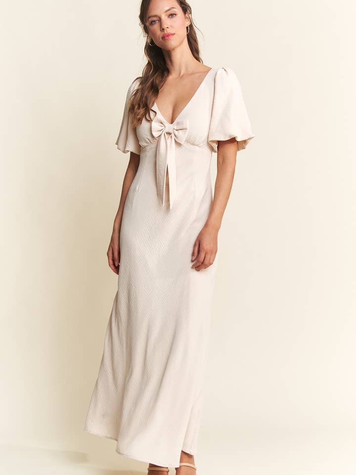 In the Beginning - Wholesale Dress - Women's - Ivory V-Neck Puff Sleeve with Front Bow Maxi Dress