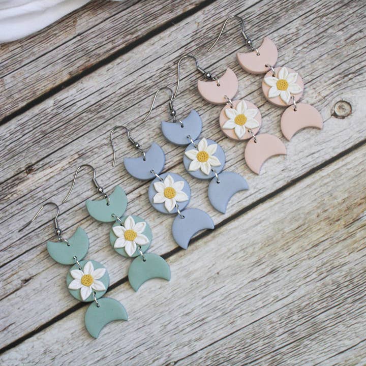 Moon Phase Daisy Earrings for wholesale by Arias Design Co