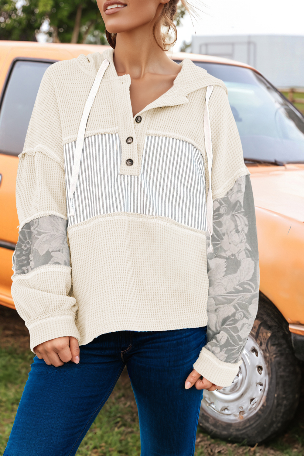 fashionworks - Vente Sweat à capuche – femme - Haut à manches longues à capuche avec cordon de serrage et motif de gaufre d'automne3