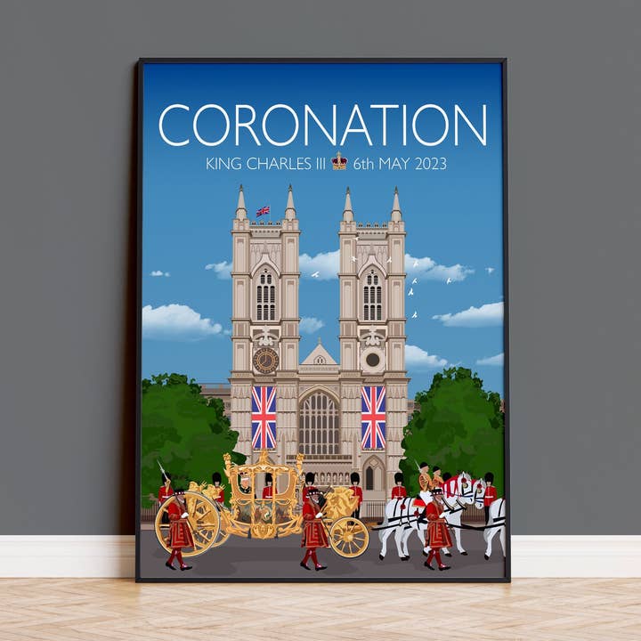 Kröningsutskrift, Kröningsaffisch, Westminster Abbey, London Storbritannien, Kung Charles III, Brittisk reseaffisch, Minneskröningsutskrift för wholesale av NQ Media Designs