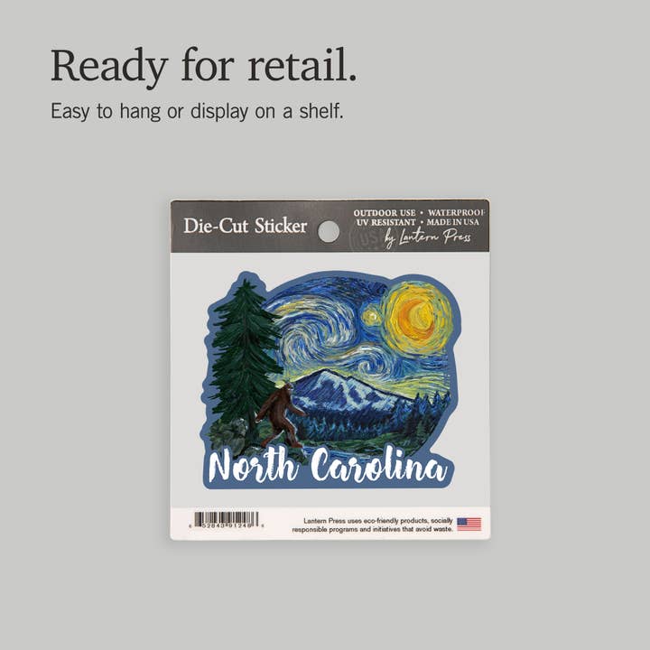 Lantern Press - Venta al por mayor Pegatina - Vinilo adhesivo Carolina del Norte, Bigfoot, Starry Night6