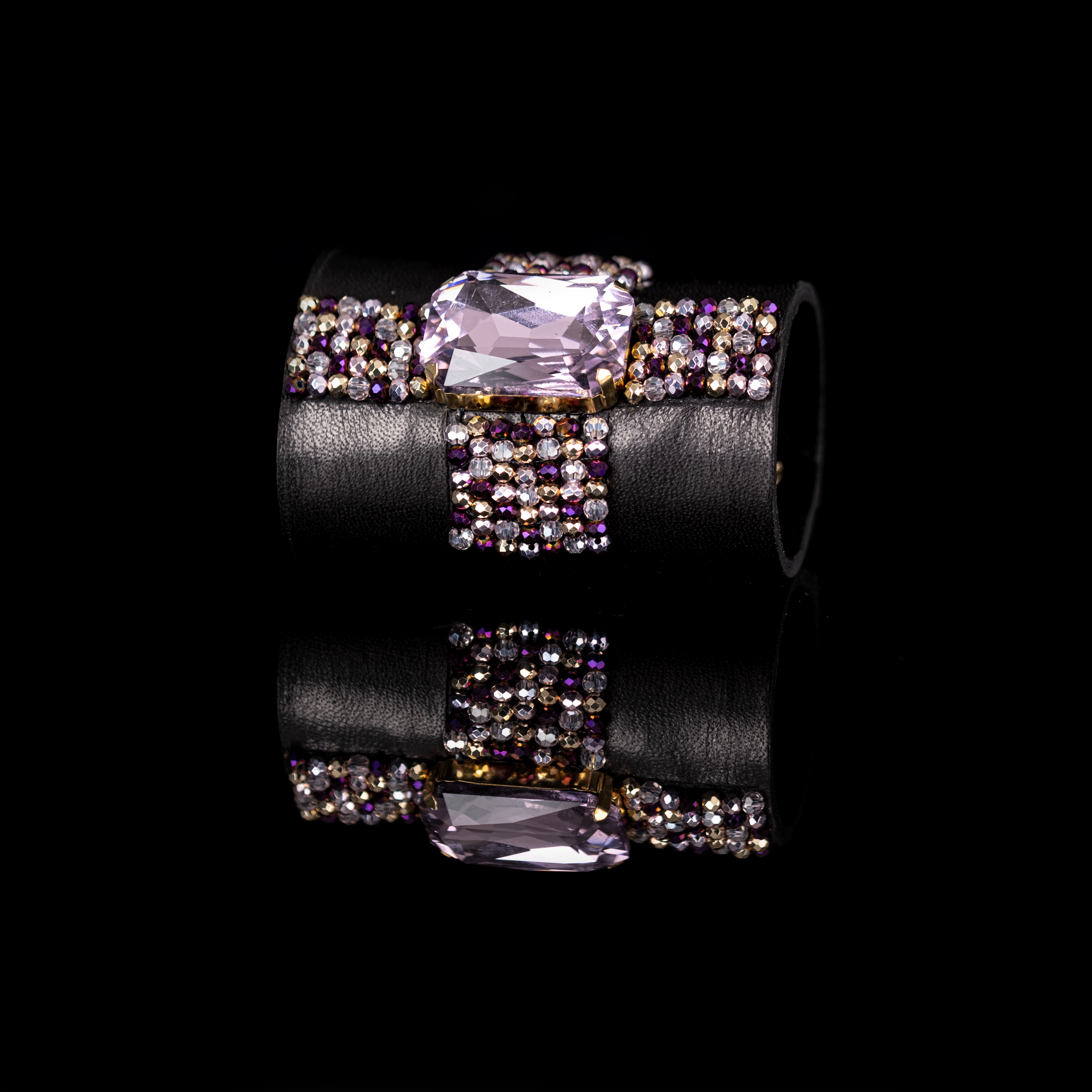 The Dark - Wholesale Cuff Bracelet - Crystal Ribbon Leather Cuff Bracelet Black & Violet Spark3