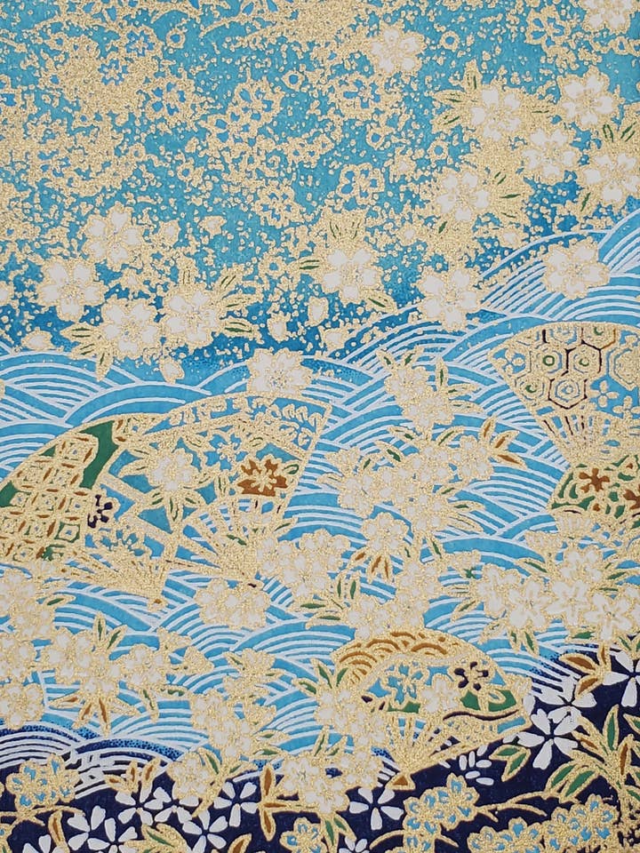 Yuzenshi: Fläktar & Blommor På Mörkblått & Turkos för wholesale av Aitoh Company