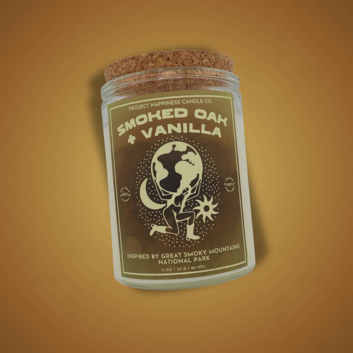 Smoked Oak and Vanilla Soy Candle - Great Smoky Mountain 11oz for wholesale by Project Happiness Candle Co.