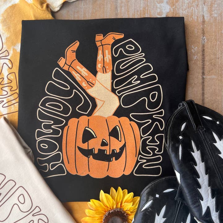 THE LATTIMORE CLAIM - Wholesale Screen Printed T-Shirt - Women's - Howdy Pumpkin Cowgirl Legs