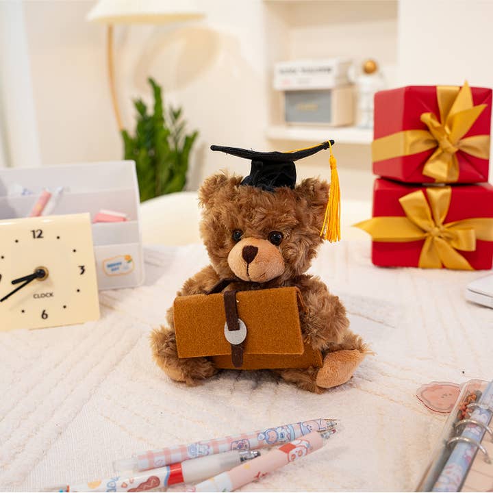 Plushland - Wholesale Stuffed/Plush Toy - Kids & Baby - 6″ Graduation Mocha Bear Plush with Graduates Cap & Suitcase5