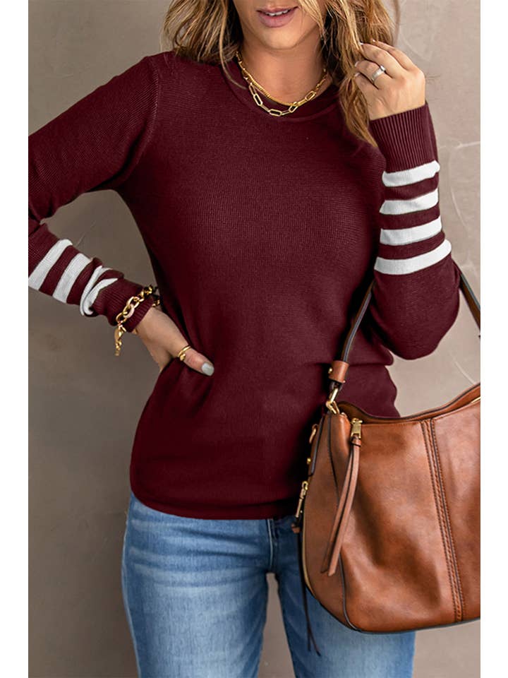 PartyEight - Wholesale Knit Sweater - Women's - Striped Sleeve Plain Knit Sweater9