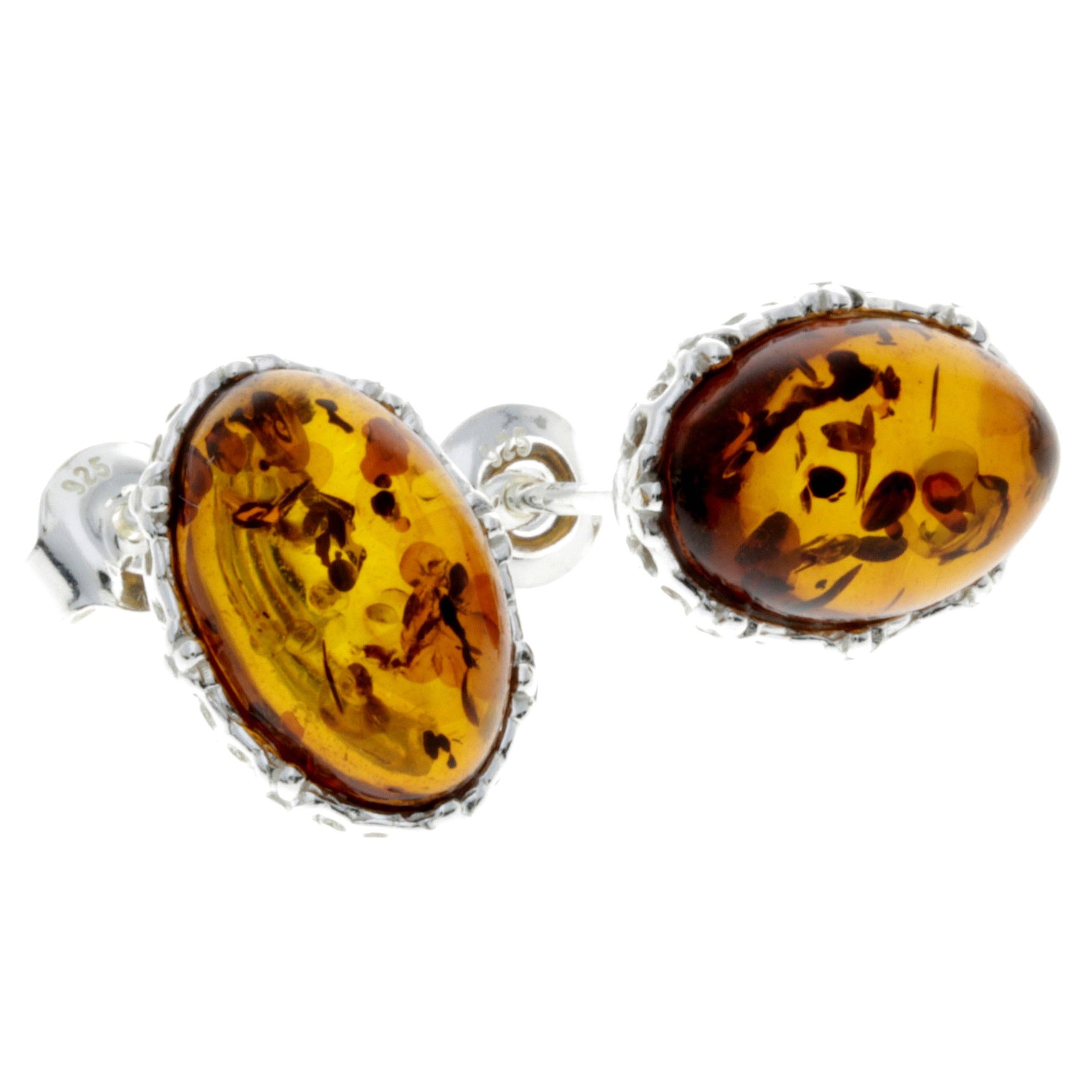 SilverAmber Jewellery - Wholesale Stud/Post Earrings - 925 Sterling Silver & Genuine Baltic Amber Classic Oval Studs Earrings - M6503