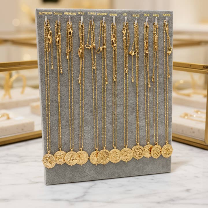 18k Gold Zodiac Necklace Collection Full Set x12 & Stand for wholesale by Gold Lunar