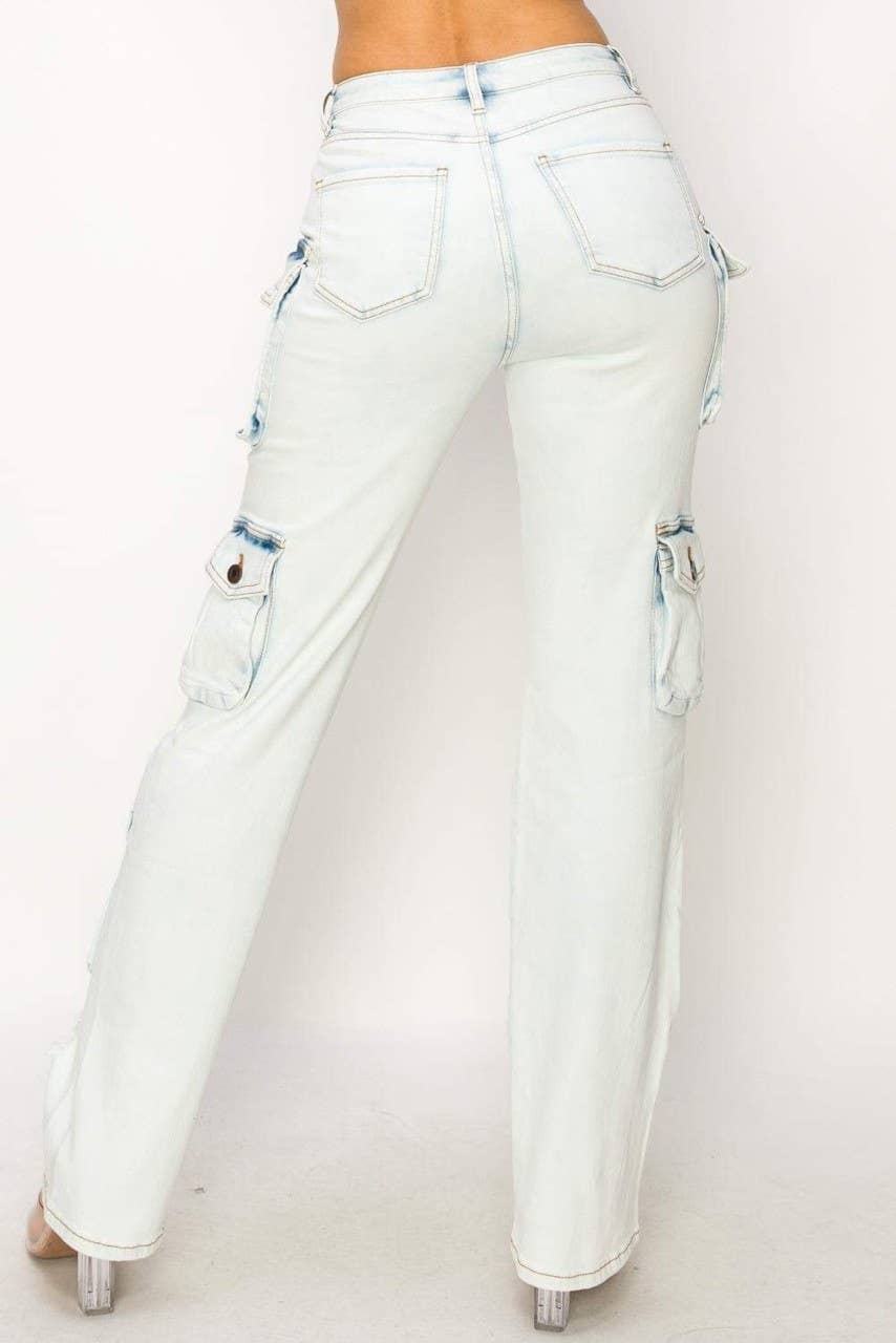 Bleu Clair Pantalon cargo en denim vieilli en vente sur Faire2