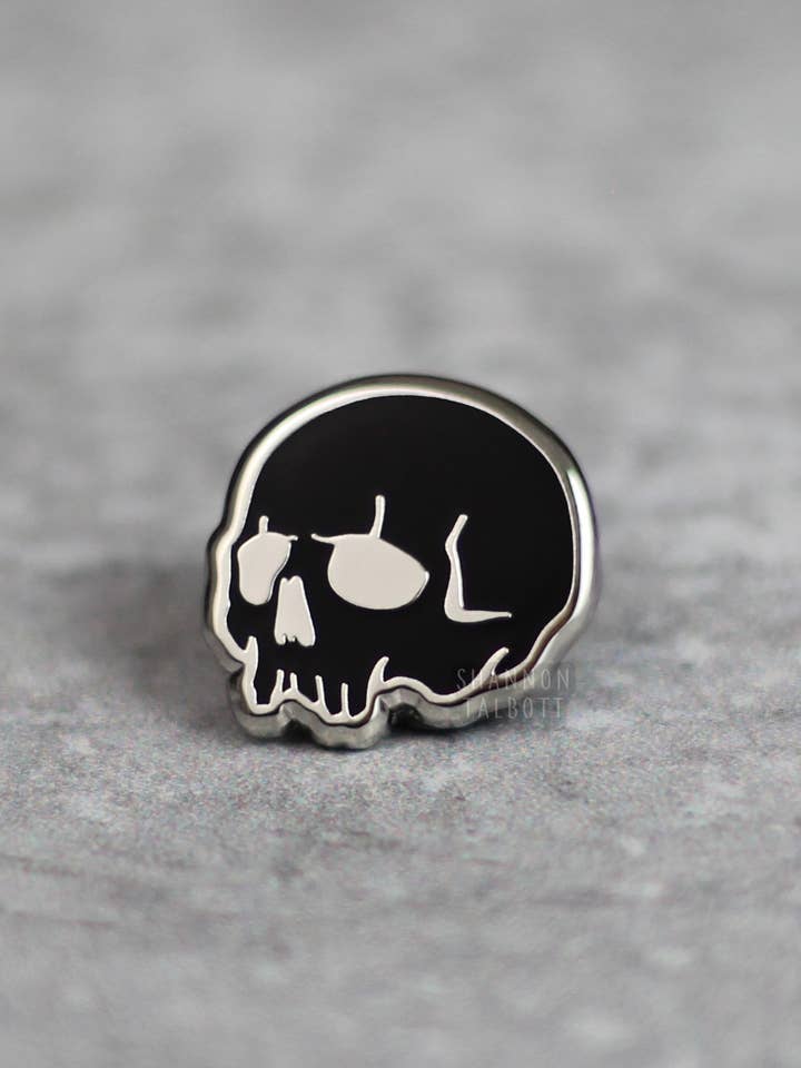 Tiny Skull Gothic Dark Spooky Enamel Pin - Silver for wholesale by Shannon Talbott