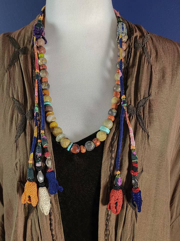 Mixed semi-precious beads with fabric ornaments for wholesale by TABOO FASHION