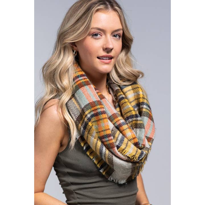 MUSTARD Classic Woven Plaid Infinity Scarf for wholesale on Faire