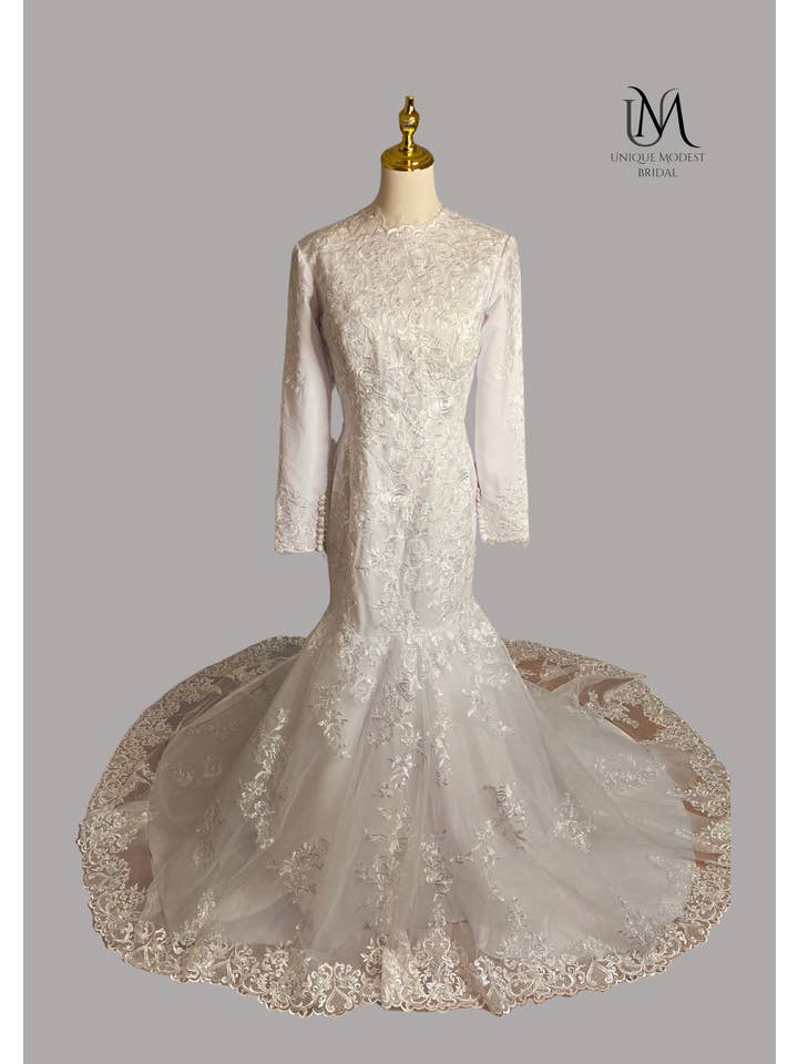 Unique Modest Bridal - Wholesale Gown - Women's - Ariel - Long Sleeve Elegant Mermaid Modest Wedding Dress14