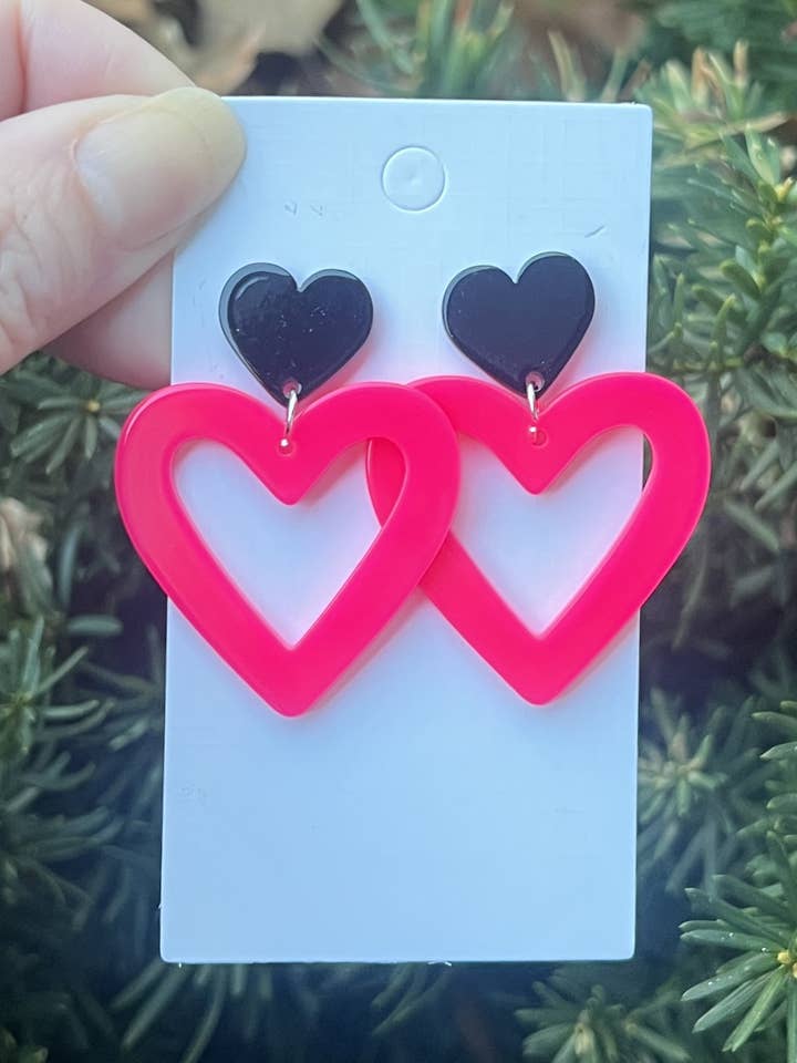 Hot Pink Black Heart Cutout Acrylic Earrings Valentines Day for wholesale by Baubles by B