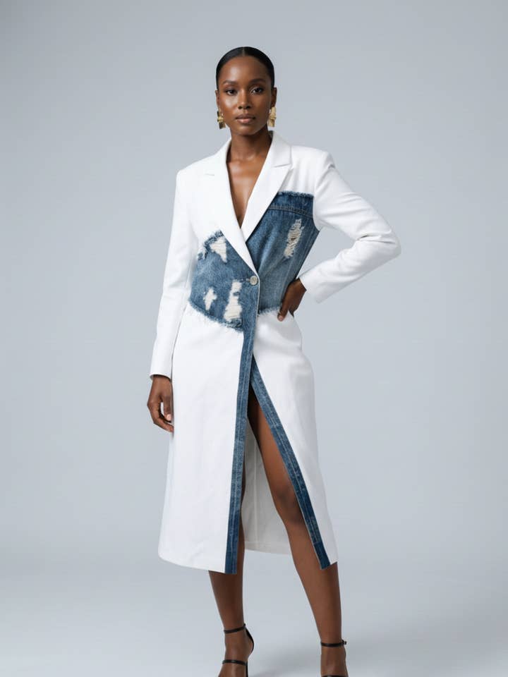 White & Denim Hybrid Blazer Dress for wholesale by Athina Collection