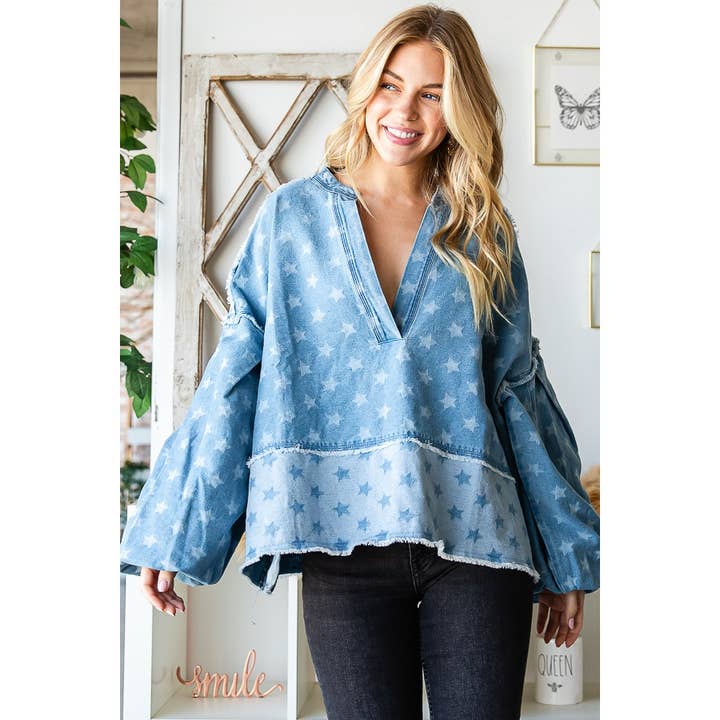 WASHED STAR PRINTED BALLOON SLEEVE DENIM TOP for wholesale on Faire