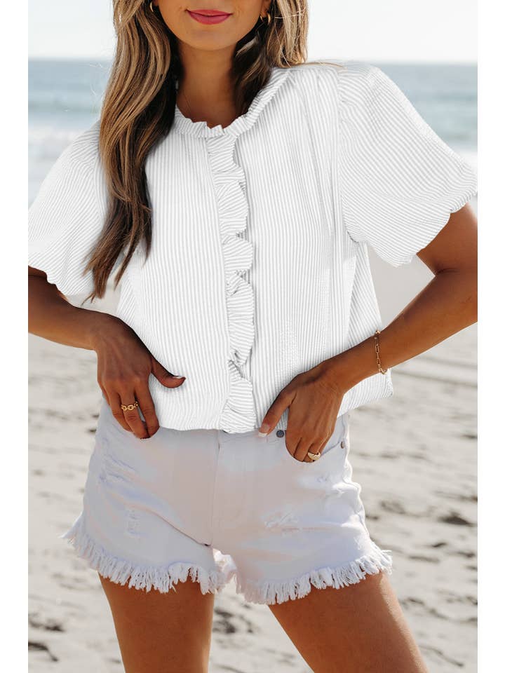 Aapparella - Wholesale Blouse - Women's - Texture Striped Ruffled Detail Shirt | S-XL