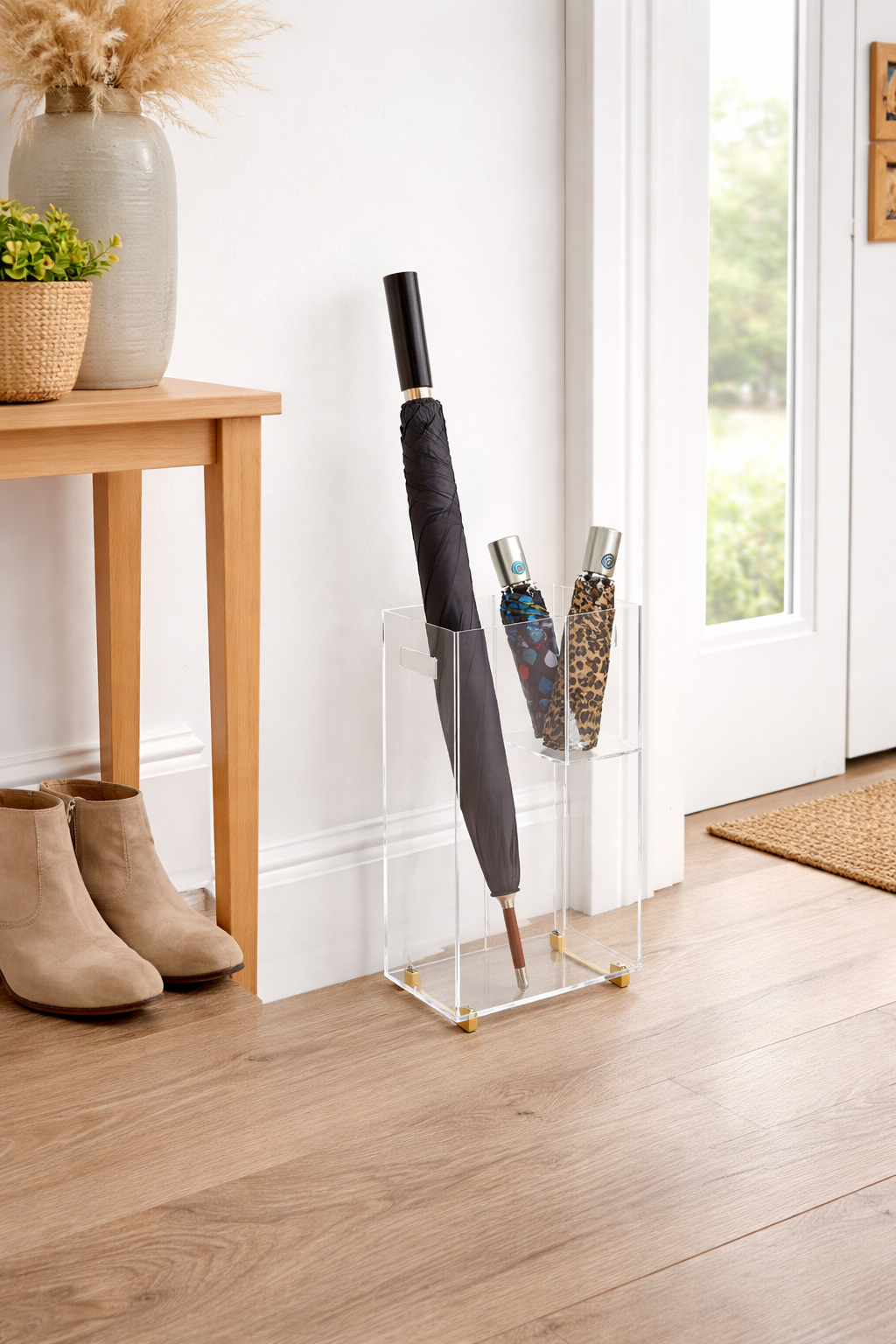 Krifts Products – Suporte para guarda-chuva por atacado – Suporte Slim para Guarda-Chuvas em Acrílico Artesanal com Pés Dourados3