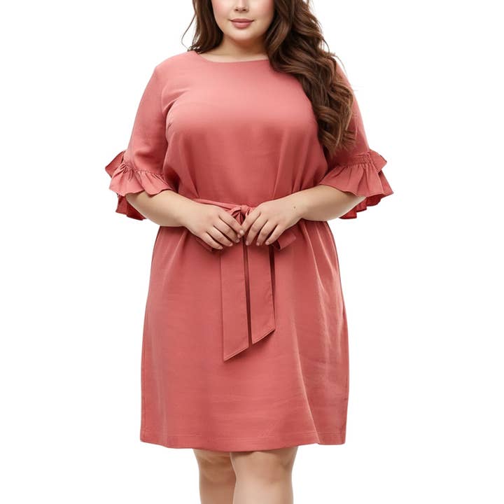 Pleione Plus Size Square Neck Ruffle Sleeve Shift Dress for wholesale by Robin K