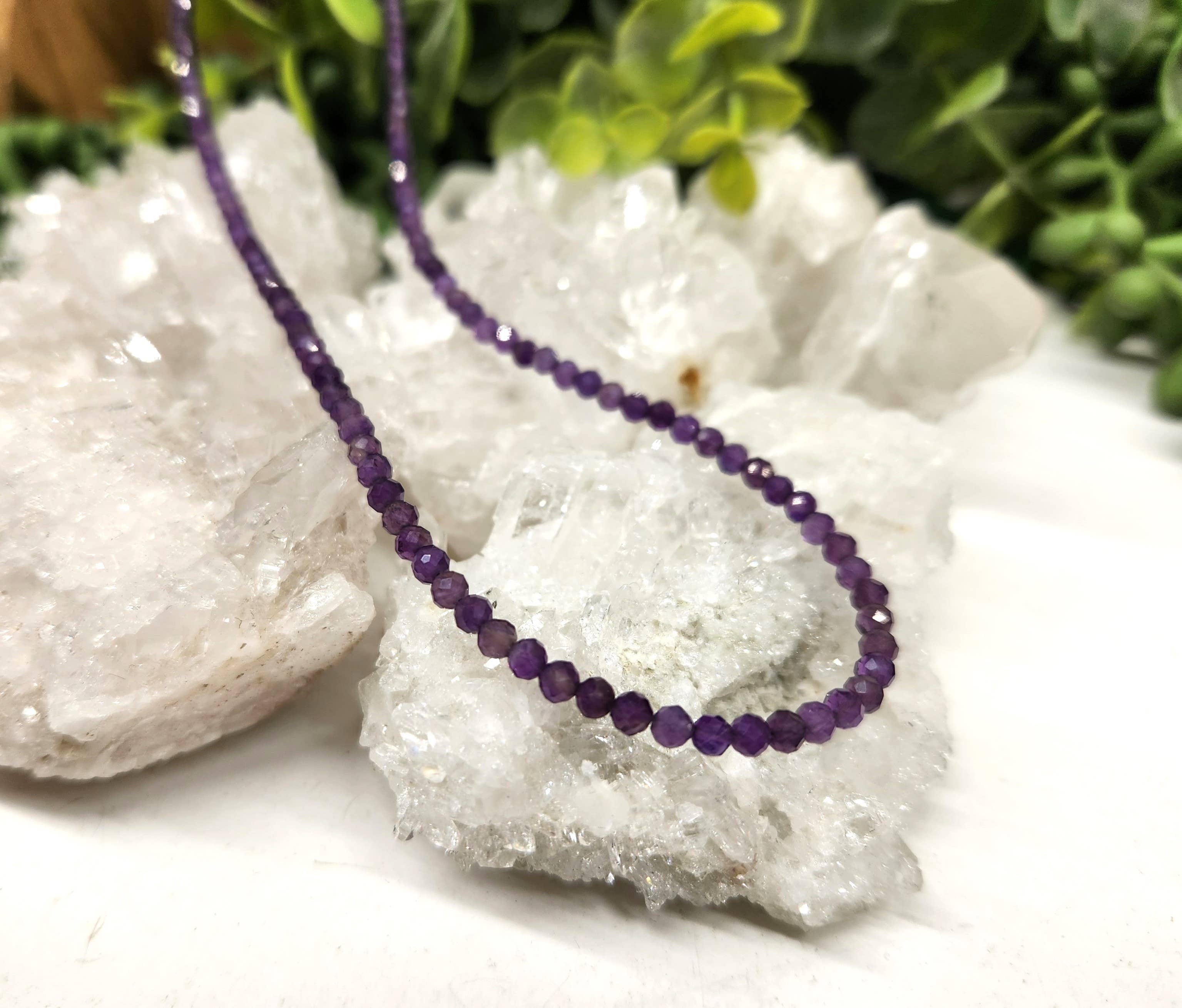 Meraki Gemstones - Wholesale Beaded/Pearl Necklace - Amethyst Faceted Necklace w/Silver Color Findings, 3mm4