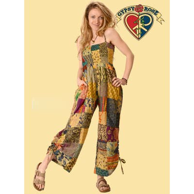 Gypsy Rose - Wholesale Jumpsuit - Women's - Patchwork Cotton Print Cinche Leg Jumper