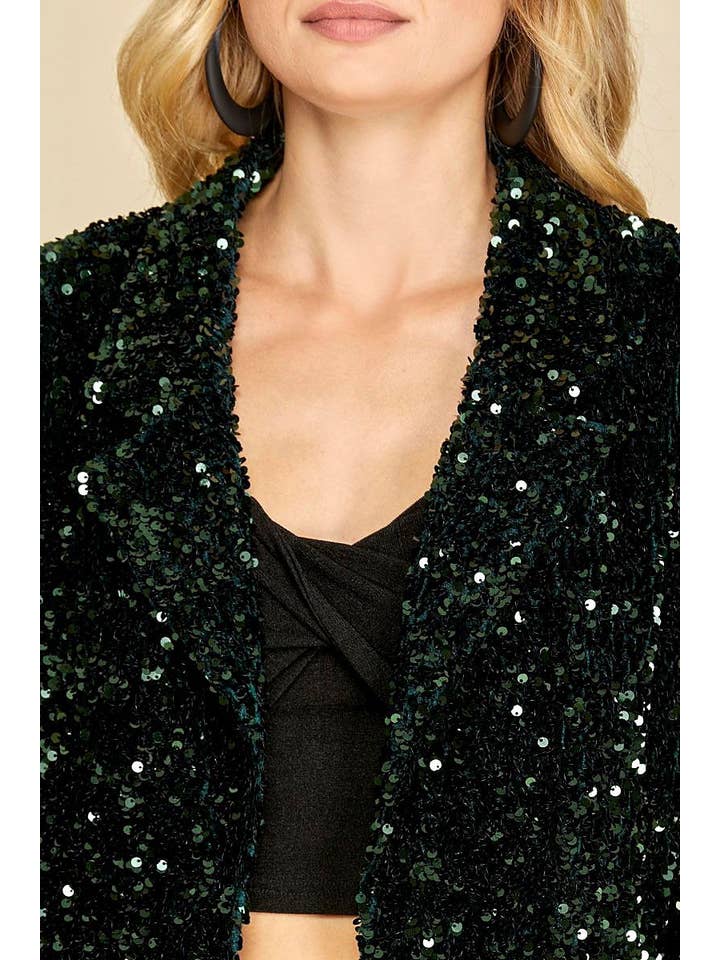 SEA GREEN SEQUIN VELVET OPEN FRONT CROP BLAZER JACKET for wholesale on Faire4