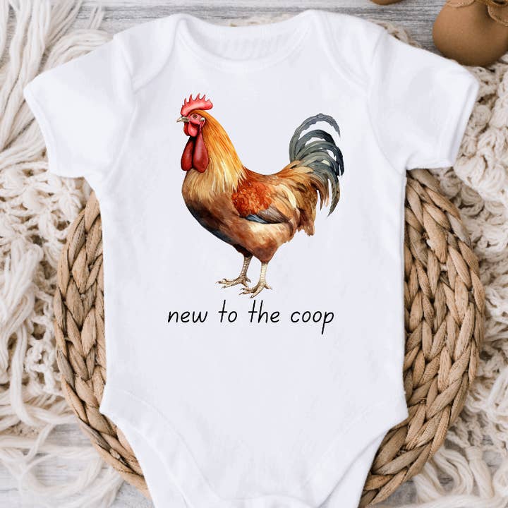 AvaryMaeInspirations - Wholesale Bodysuit (Non-Footed) - Baby - Rooster New to the Coop, Chicken Baby Onesie