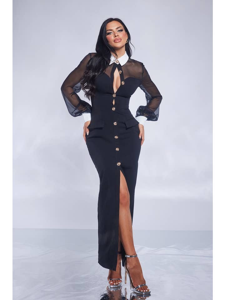 WFFS - Vente Robe – femme - Robe longue chic avec boutons sur le devant5