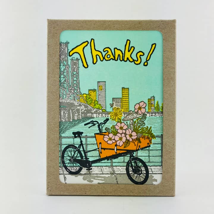 BOX SET Thanks! Cargo bike loaded with woodsy flowers for wholesale by Old School Stationers