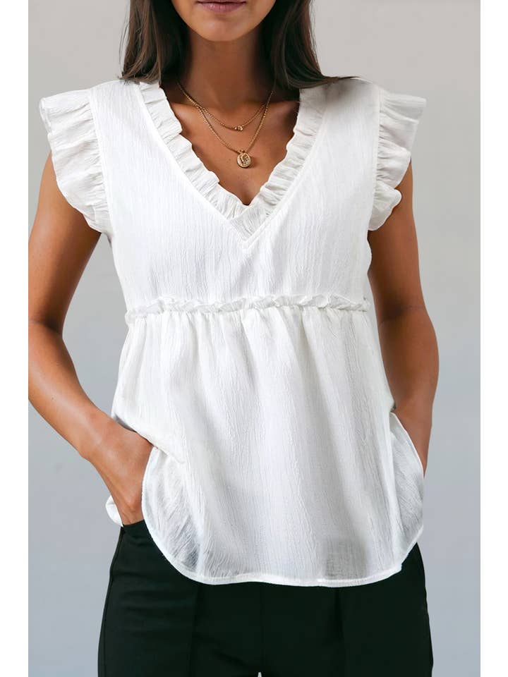 As shown Textured Ruffled Trim Flutter Flowy Top | S-XL for wholesale on Faire