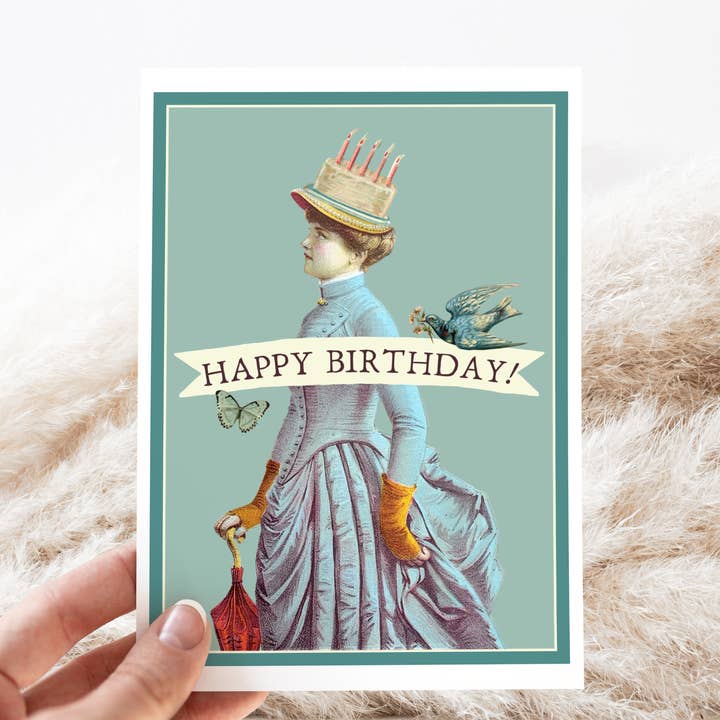 Cheerful Whimsies - Wholesale Birthday Card - Greeting Card. Happy Birthday! Vintage Woman With Cake Hat.3