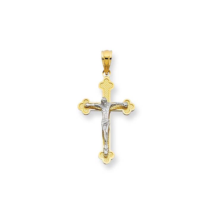 Croix fantaisie texturée brillante en or jaune et blanc 14 ct avec figurine blanche pour la vente par The Diamond Deal