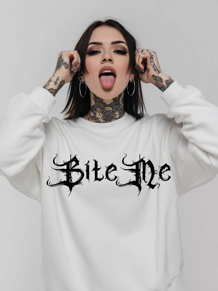 Bite Me Printed Sweatshirt for wholesale by Cute And Spook