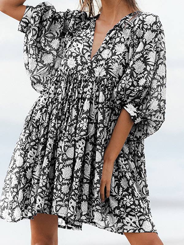 Rosa Clothing - Wholesale Dress - Women's - Floral Print V-Neck Puff-Sleeve Bohemian Dress