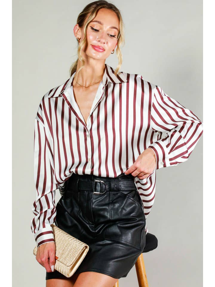 Vine & Love - Wholesale Button Down Shirt - Women's - Collard Vertical Stripe Printed Satin Blouse Top VT8131524