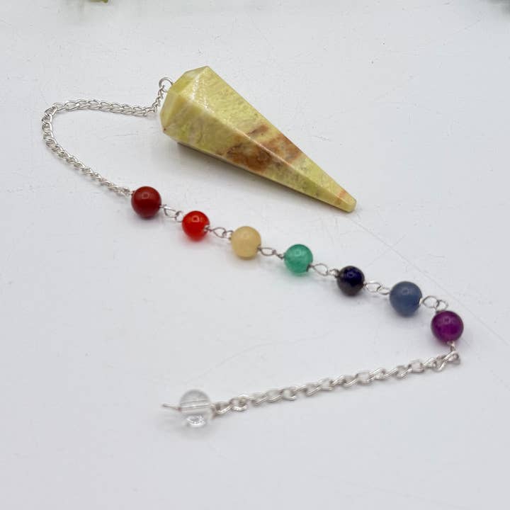Serpentine Pendulum w/Chakra Beads-Silver Plate Chain for wholesale by Meraki Gemstones