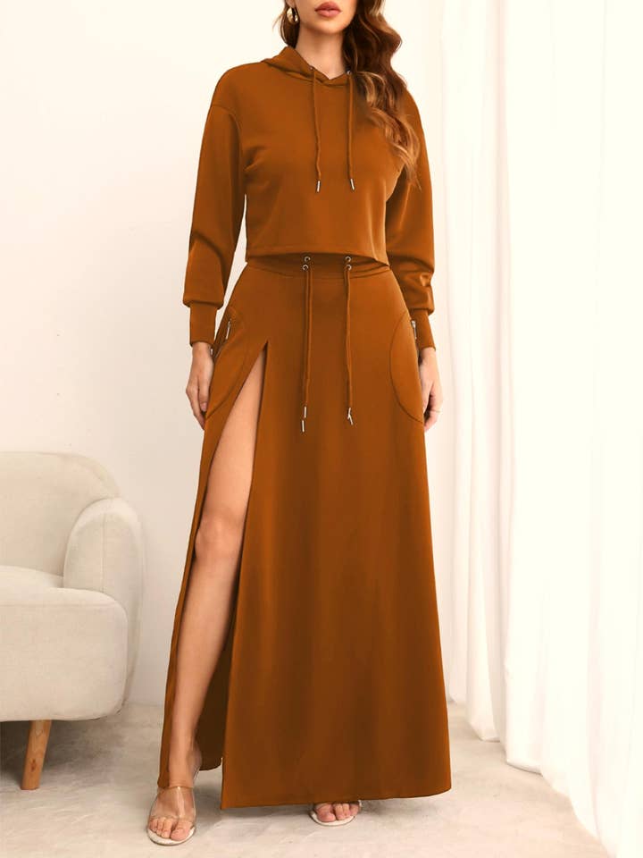 HIDDENBRAND - Wholesale Top & Skirt Set - Women's - Hoodie sweatshirt top maxi skirt set 2pcs14