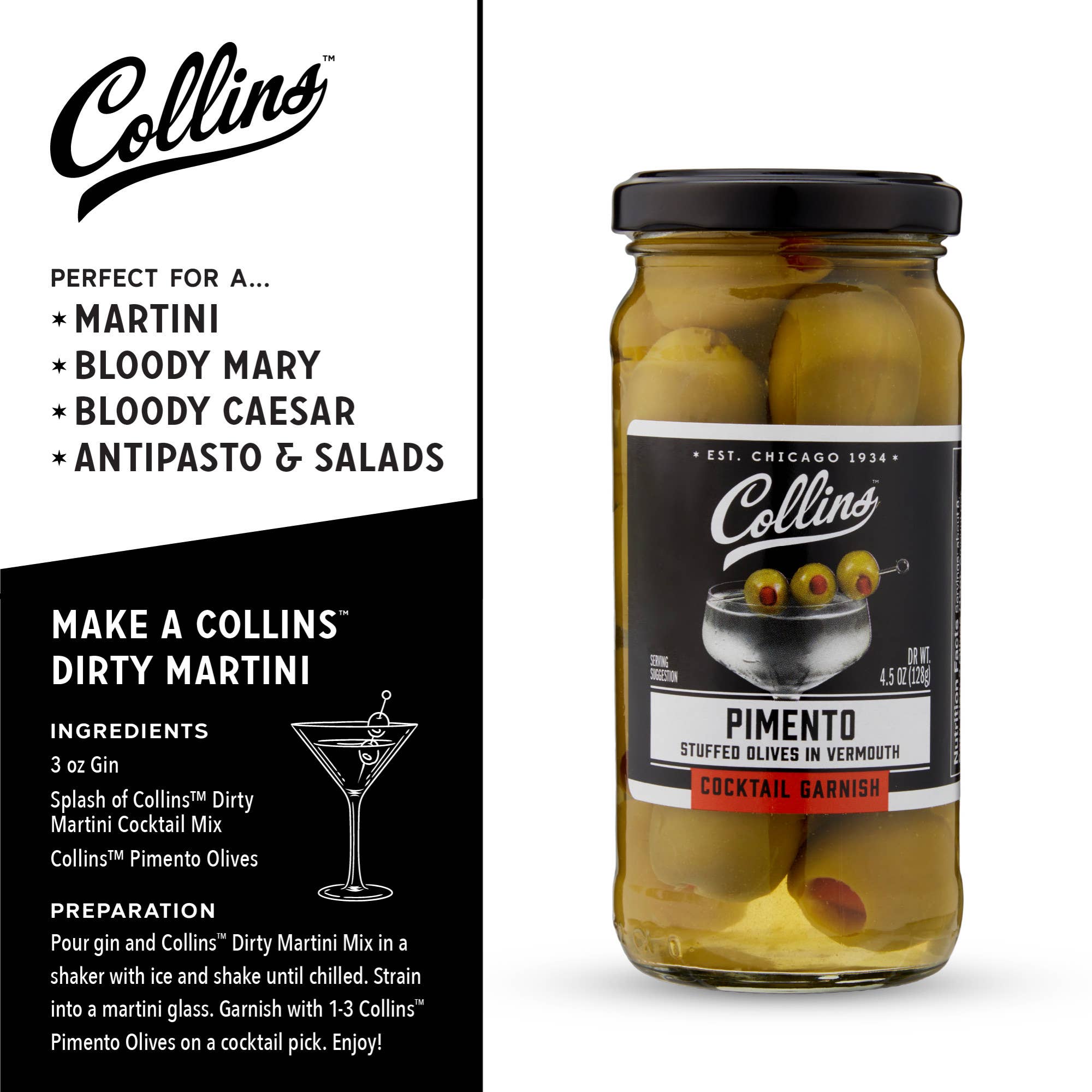 Collins - Wholesale Olives - Gourmet Vermouth Soaked Pimento Cocktail Olives 4.5 oz2