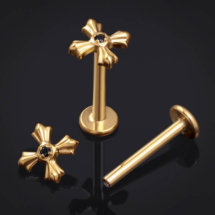 Gold Black Jewelled Cross Internally Threaded Titanium Labret Stud 1.2mm Gauge for wholesale by Custom Plugs