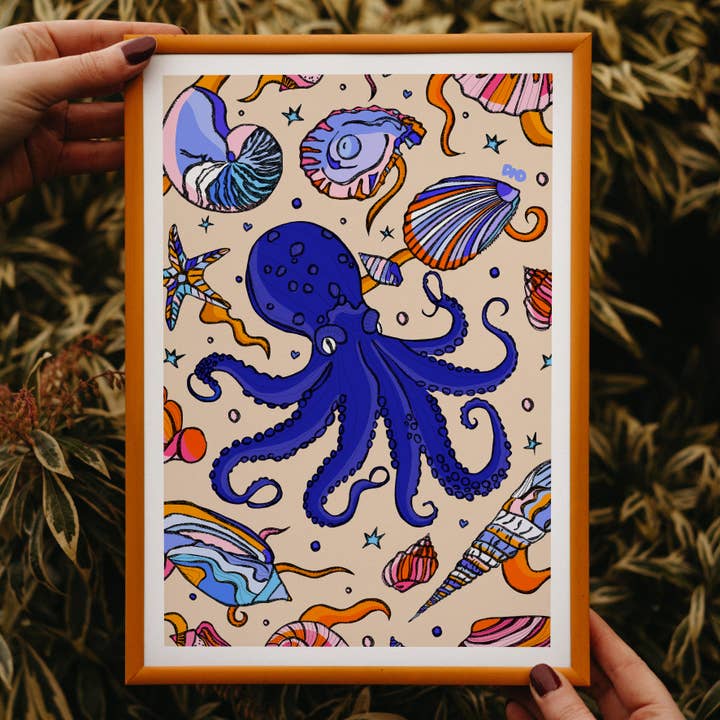 Stampa artistica Octopus Kids, arte nautica, stampa a conchiglia per la vendita all'ingrosso da parte di Freya Niamh