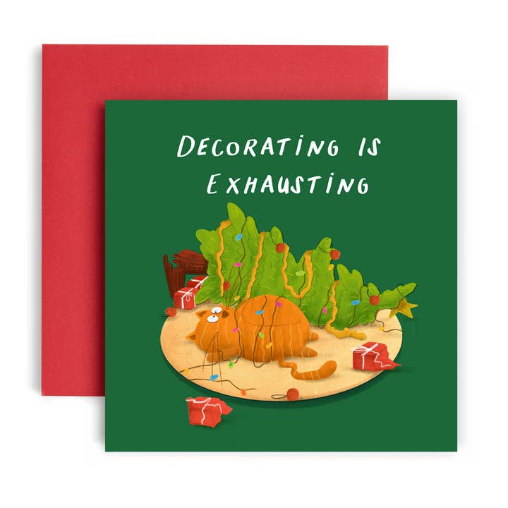Cat in Tree Exhausted Christmas Card for wholesale by Huxters