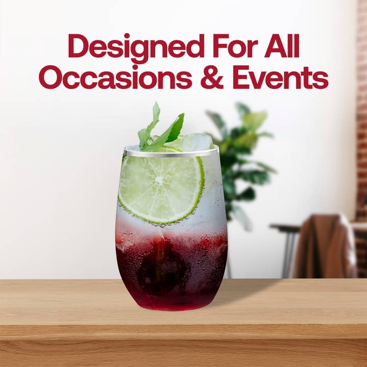 Smarty had a Party - Wholesale Wine Glass - 12 oz Clear w/ Silver Stemless Plastic Wine Glasses - 16 pcs6