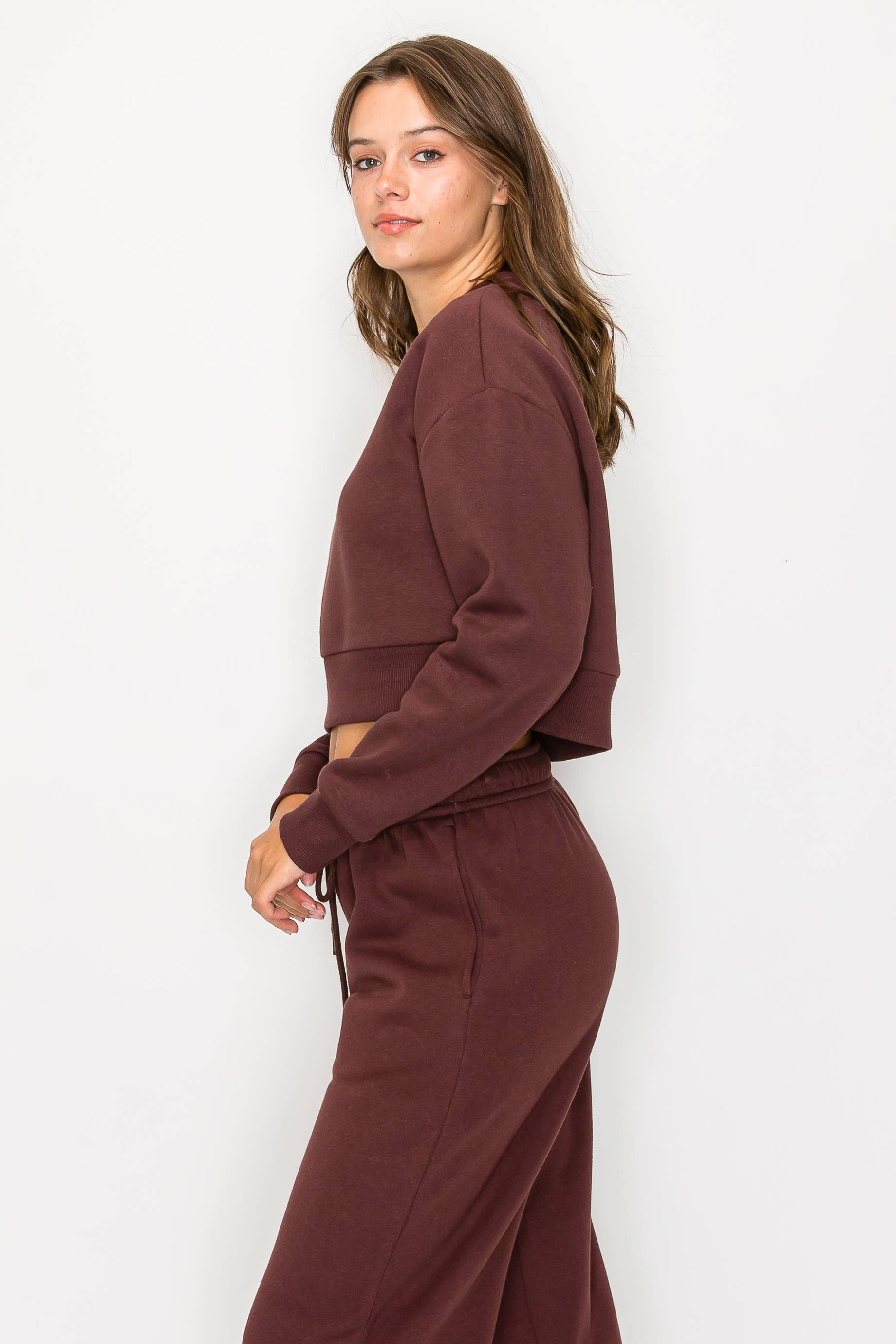 Color 5 - Wholesale Sweatshirt - Women's - Solid color fleece lined cropped basic pull over sweatshirt 5