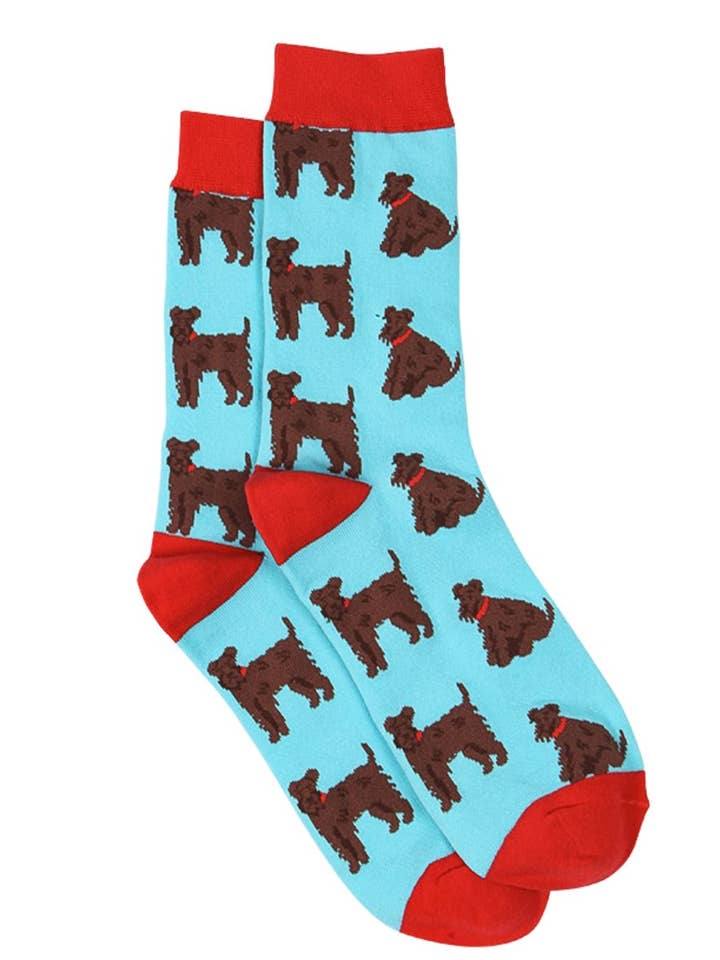 Mens Bamboo Dog Socks Schnauzer Print Novelty Sock Blue Red for wholesale by Sock Talk