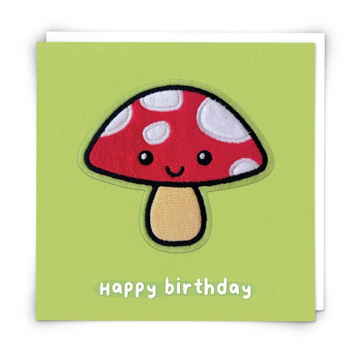 Biglietto di auguri a forma di fungo legnoso con toppa riutilizzabile in peluche per la vendita all'ingrosso da parte di Redback Cards UK