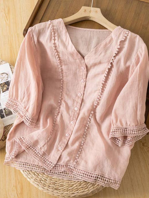 Whisper Mint - Venta al por mayor Blusa - Mujer - Blusa de crochet de manga media | Camisa vintage artística de verano4