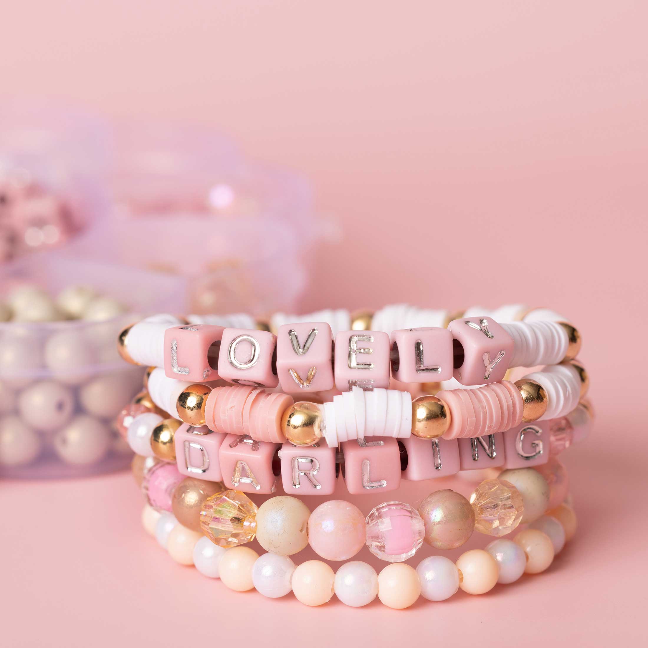 Jewelry Made by Me - Wholesale DIY Craft Kit - Blush Pink Metallic Block Letter and Polymer Heishi Bead Kit Box1