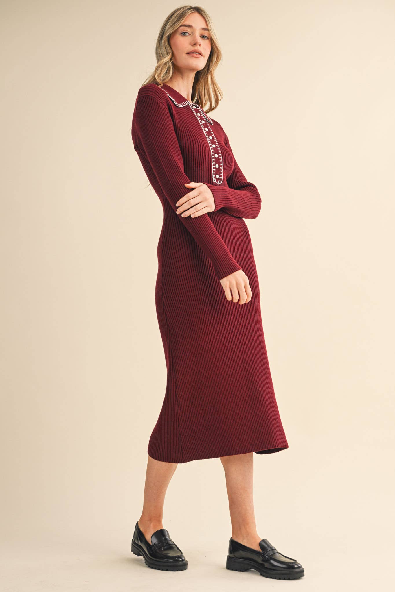 &MERCI - Wholesale Dress - Women's - RIBBED SWEATER MIDI DRESS WITH CONTRAST STITCH MSW1123229